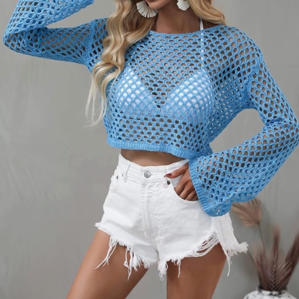 Crochet Knit Crop Tops Long Sleeve Y2K Knitted Sweaters Tops
